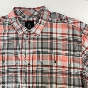 Prana Short Sleeve Button Up Shirt Mens Size Large‎ Plaid Red Gray Pocket Casual